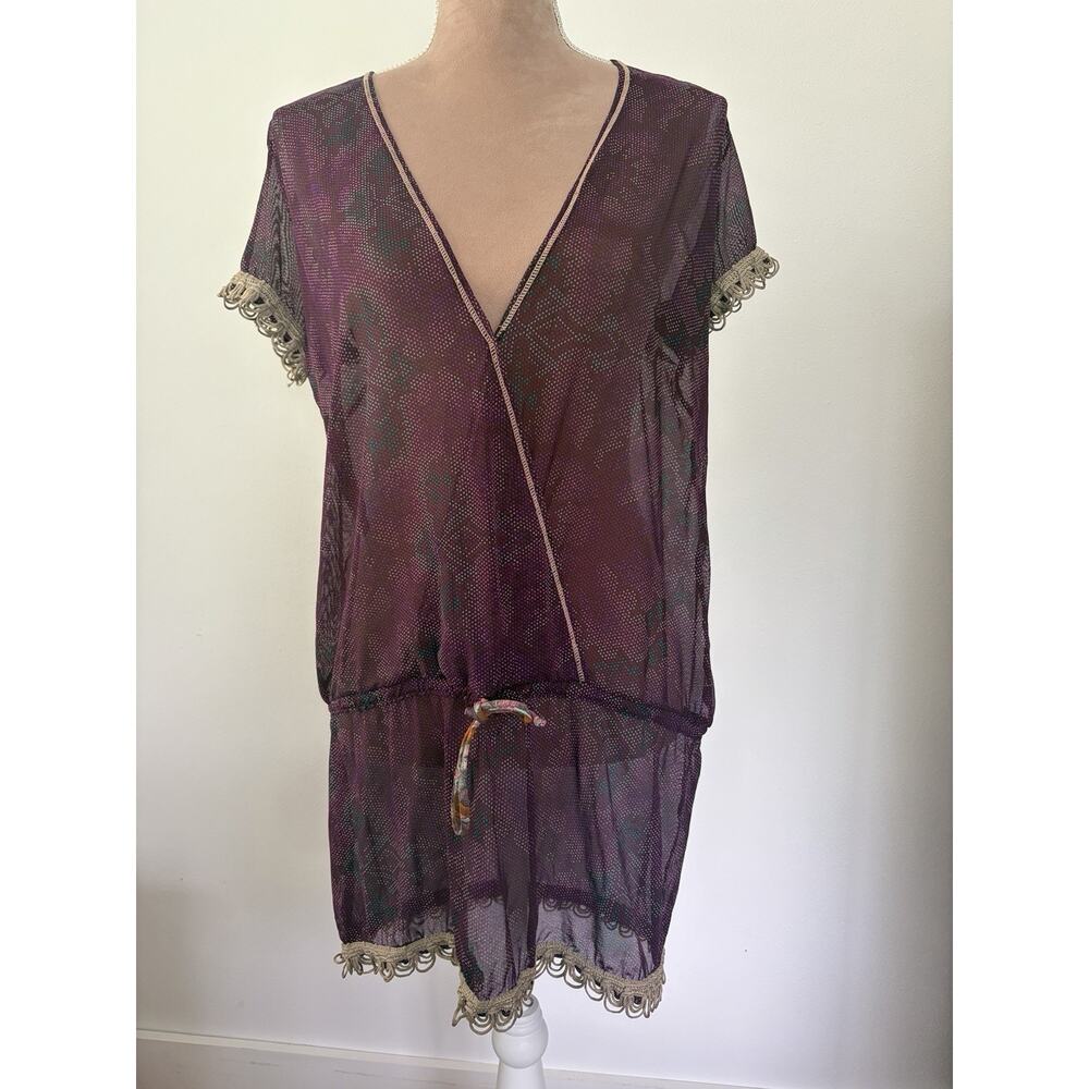 Maaji Sheer Beach Cover Up Women’s Purple Boho Crochet Trim Swim Kaftan